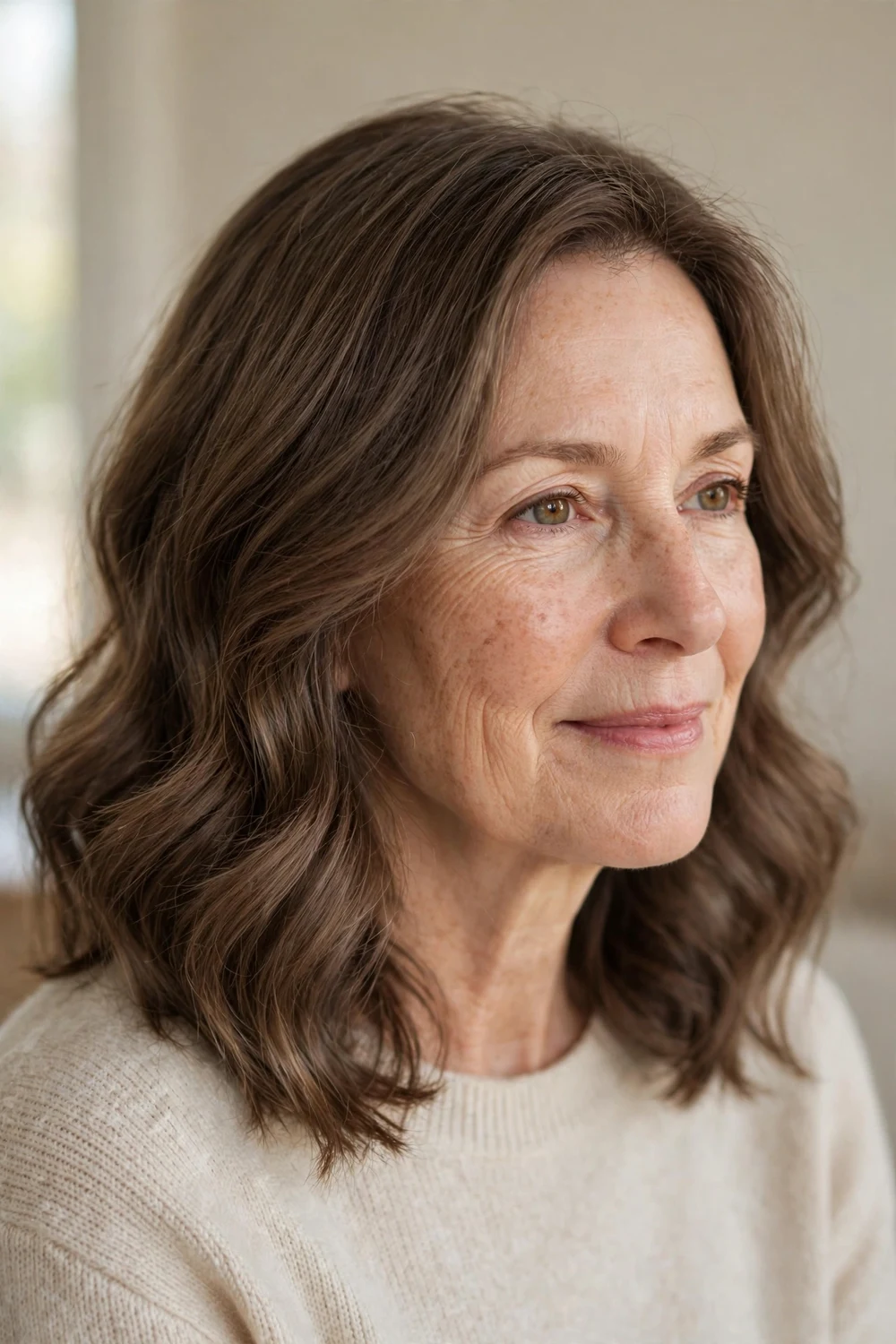 Older woman with soft mushroom brown shoulder-length hair
