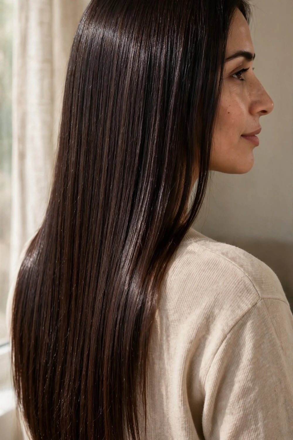 Woman with dark chocolate brown hair in a high-gloss finish