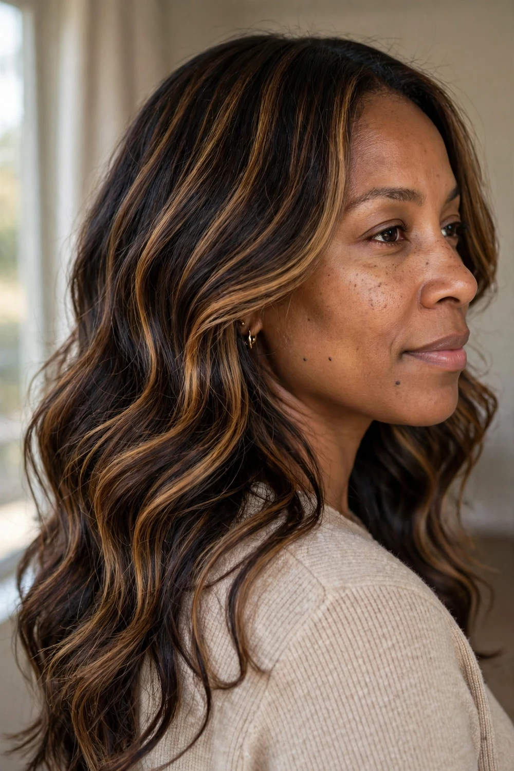 Woman with multi-dimensional balayage in dark hair
