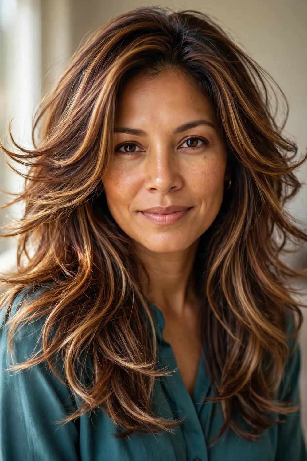 Layered haircut with dark gold caramel and auburn chestnut highlights