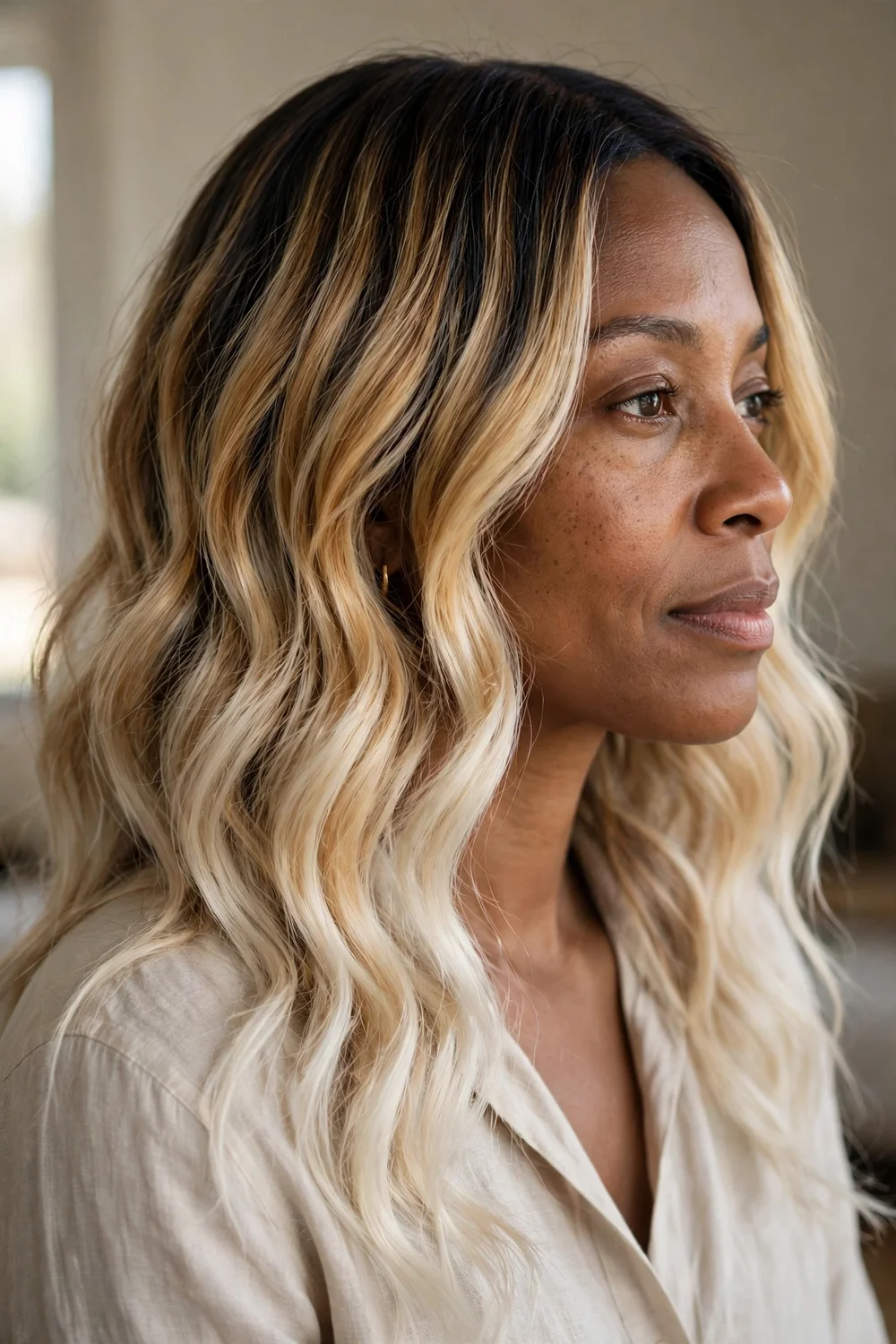 Woman with dark golden and near-white blonde balayage blend