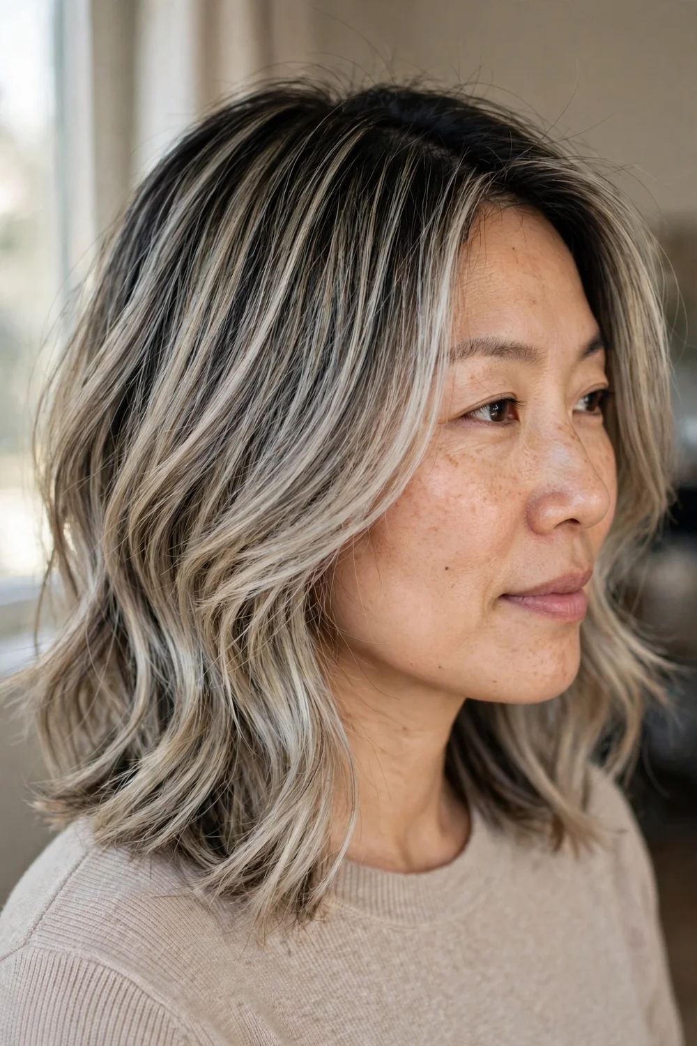 Woman with dark-rooted blonde balayage with silver shades