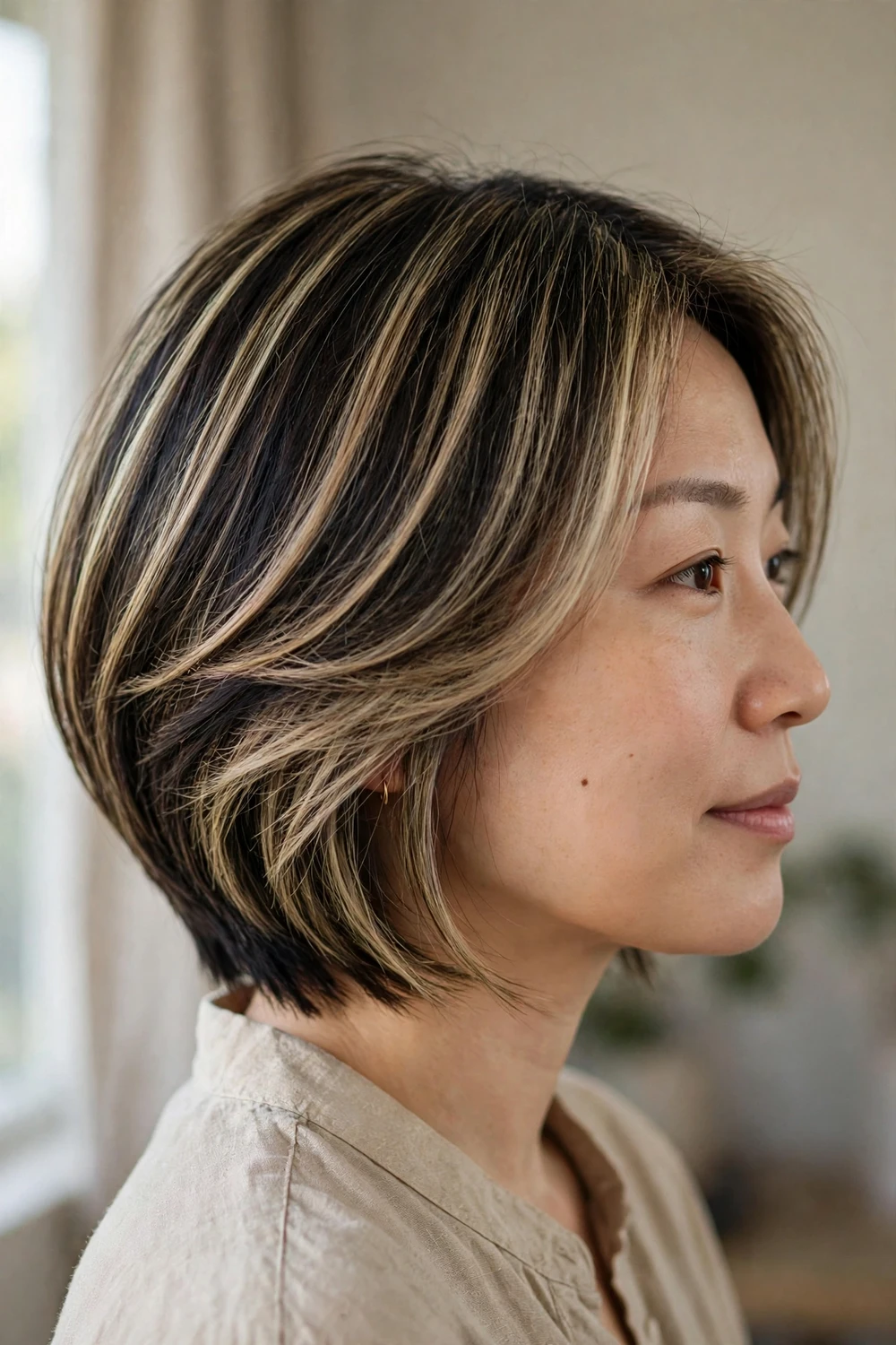 Dark stacked straight bob with neat light blonde balayage strands
