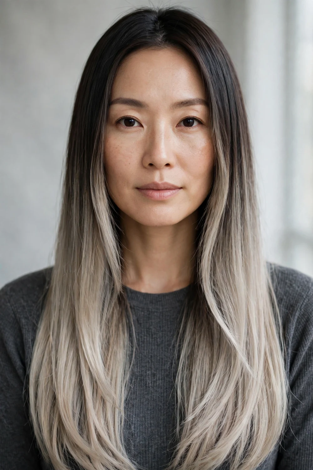 Woman with dark hair melting into pale ash blonde balayage ends