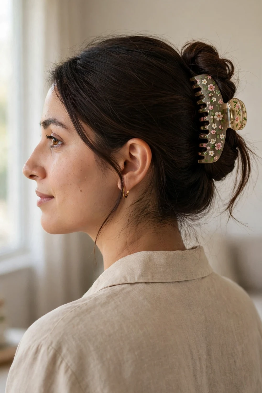 Woman with dark brown long hair in a simple twist updo held by a decorative floral-patterned claw clip