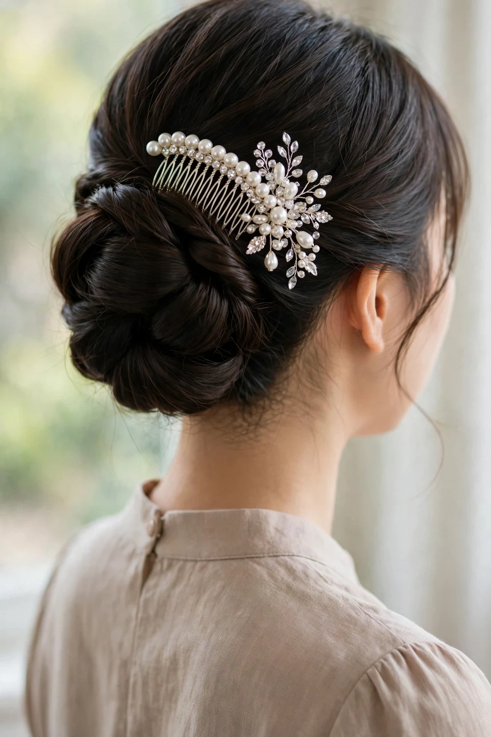 Decorative pearl hair comb accenting an elegant updo