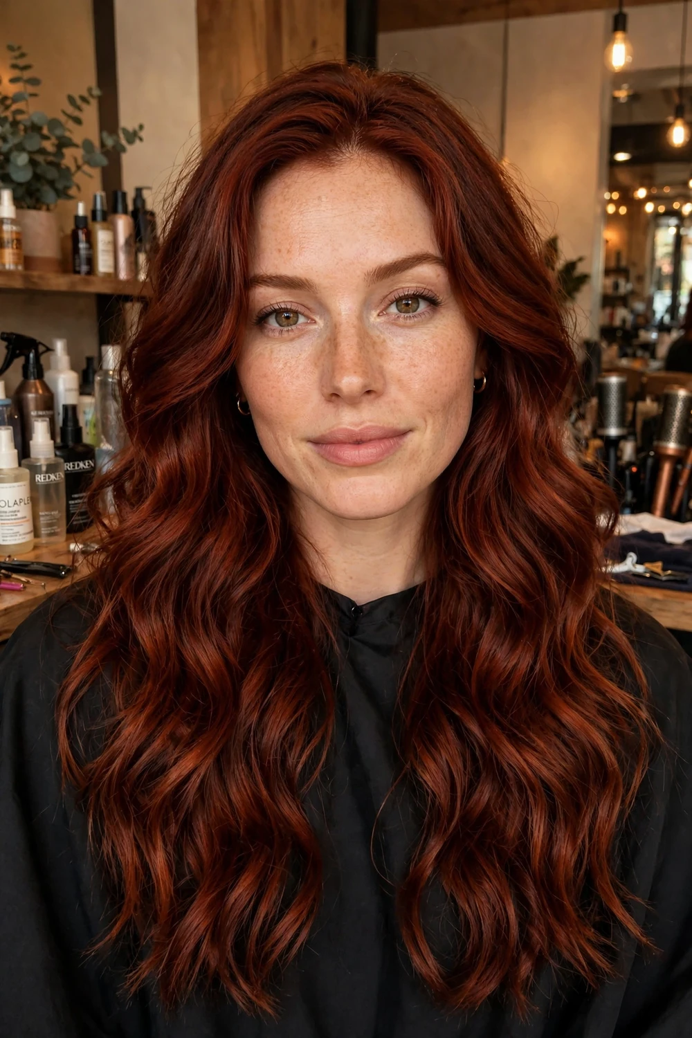 Woman with deep auburn copper hair, rich dark red-brown warmth