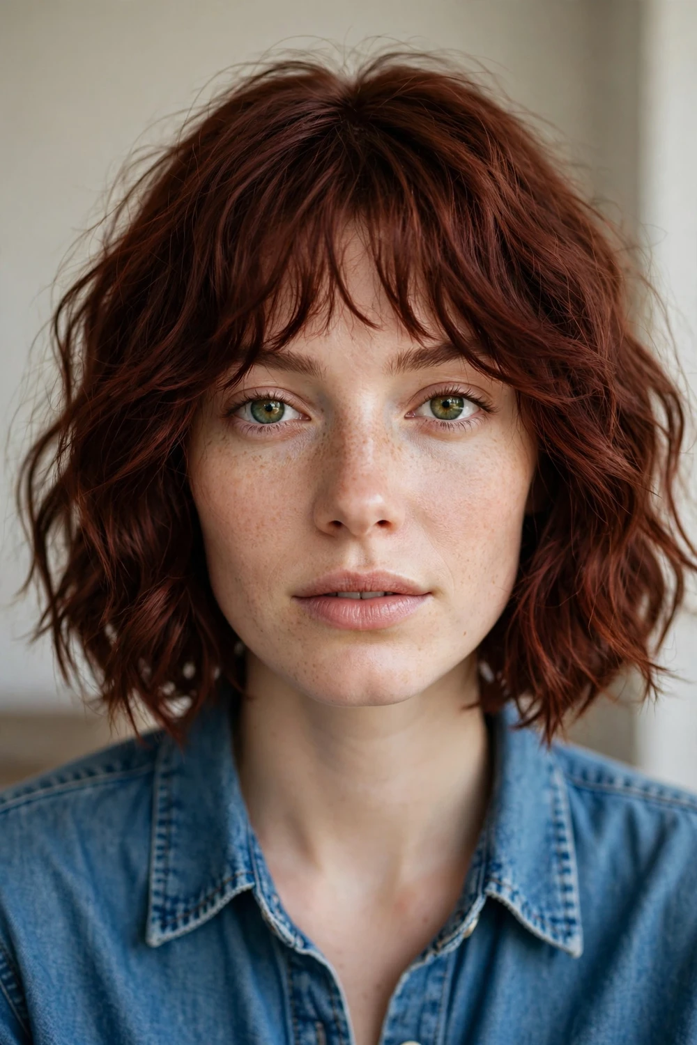 Deep auburn wavy bob with tousled bangs