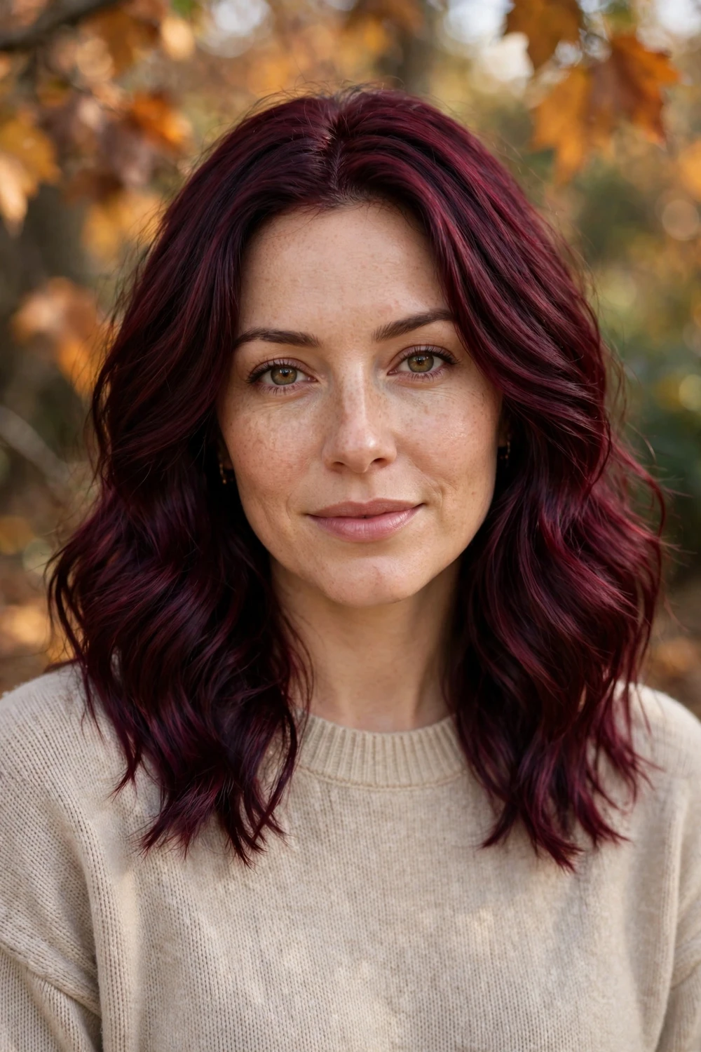 Woman with deep burgundy fall hair color
