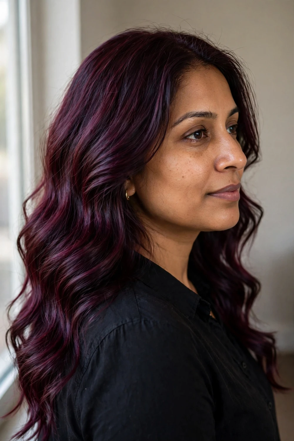 Woman with deep burgundy long wavy hair in a dark wine red with cool violet undertones