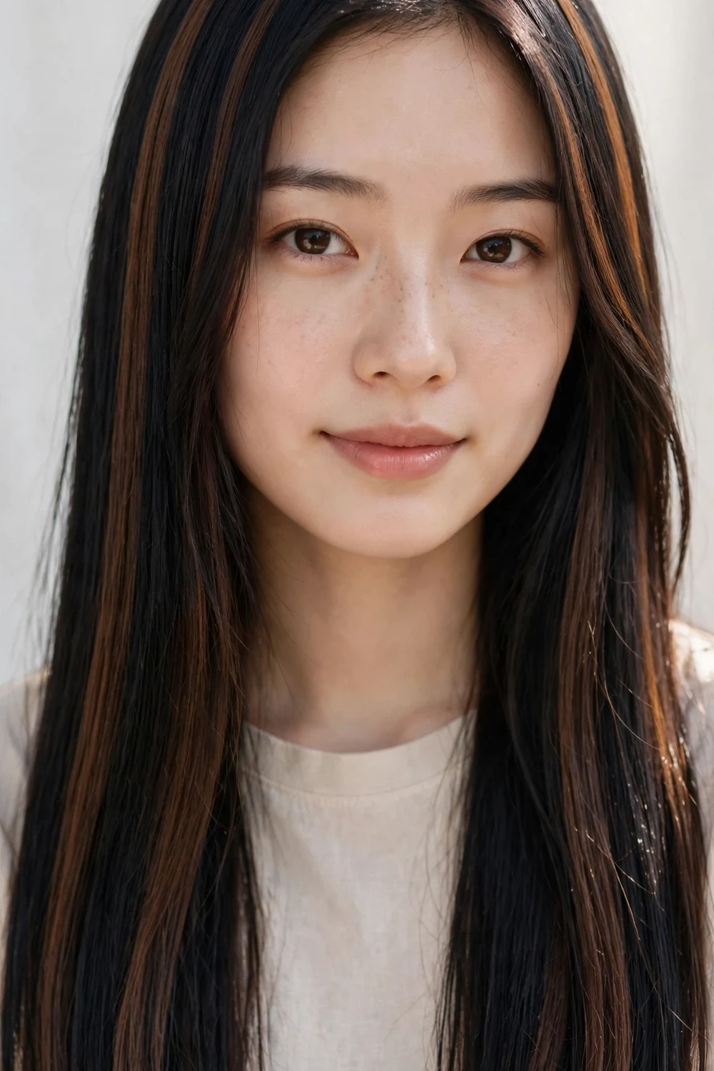 East Asian woman with sleek black hair and wide deep chocolate-brown ribbon highlights