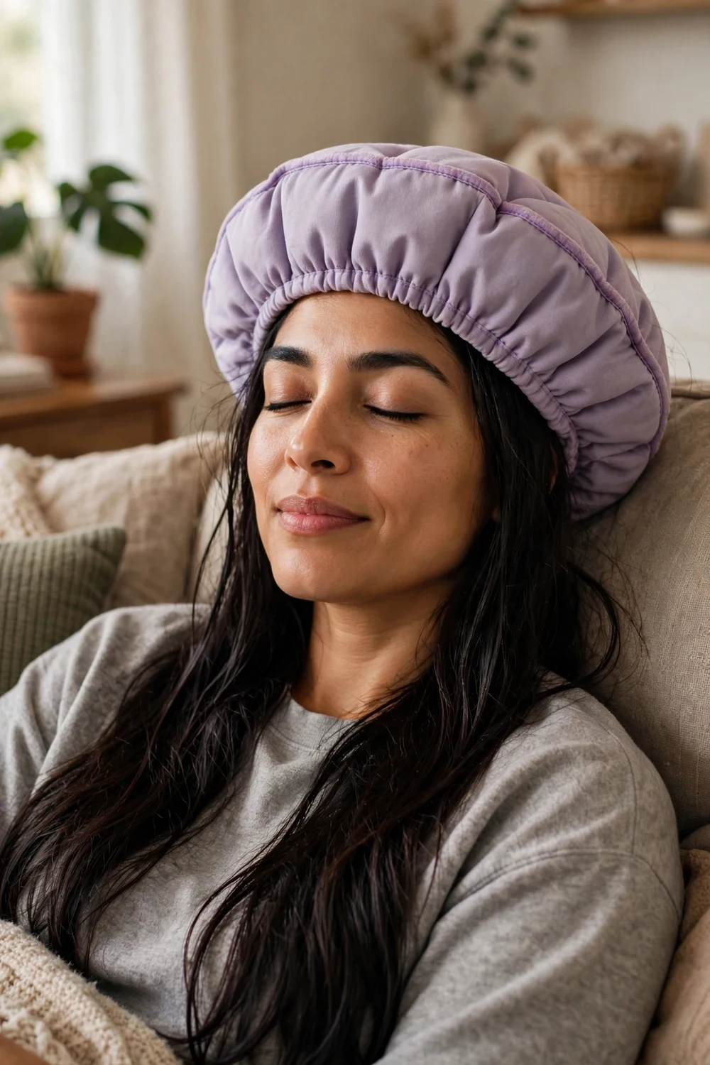 Woman wearing a microwaveable steam cap over deep conditioner on long hair