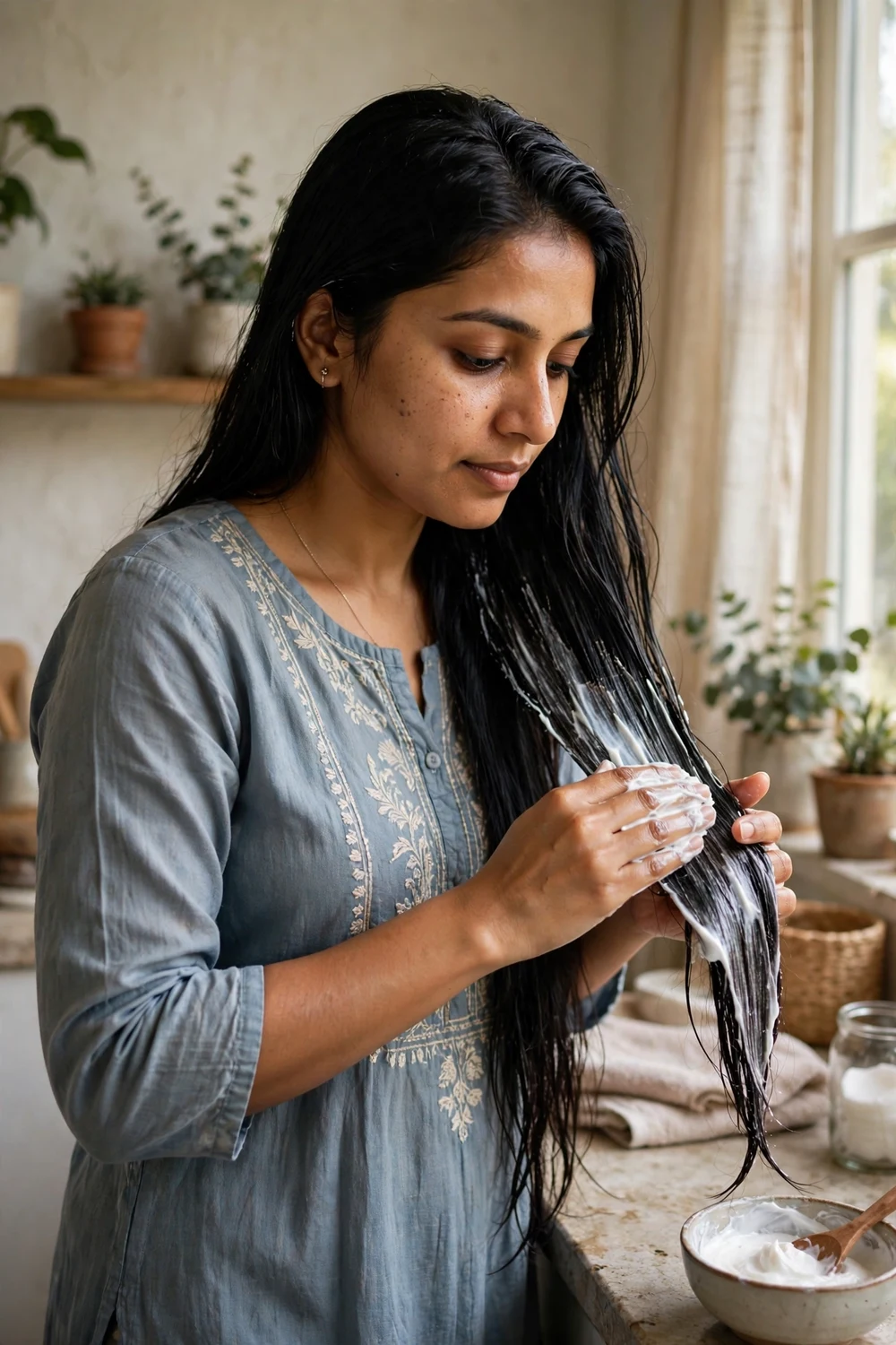 Woman applying a deep-conditioning hair mask to her lengths