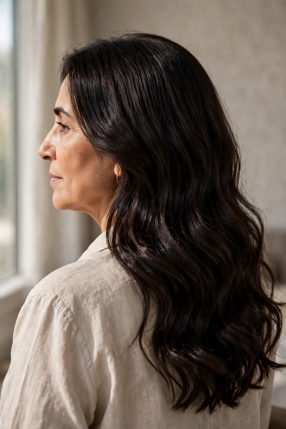 Woman with deep espresso brown long wavy hair in a dark cool coffee brown shade