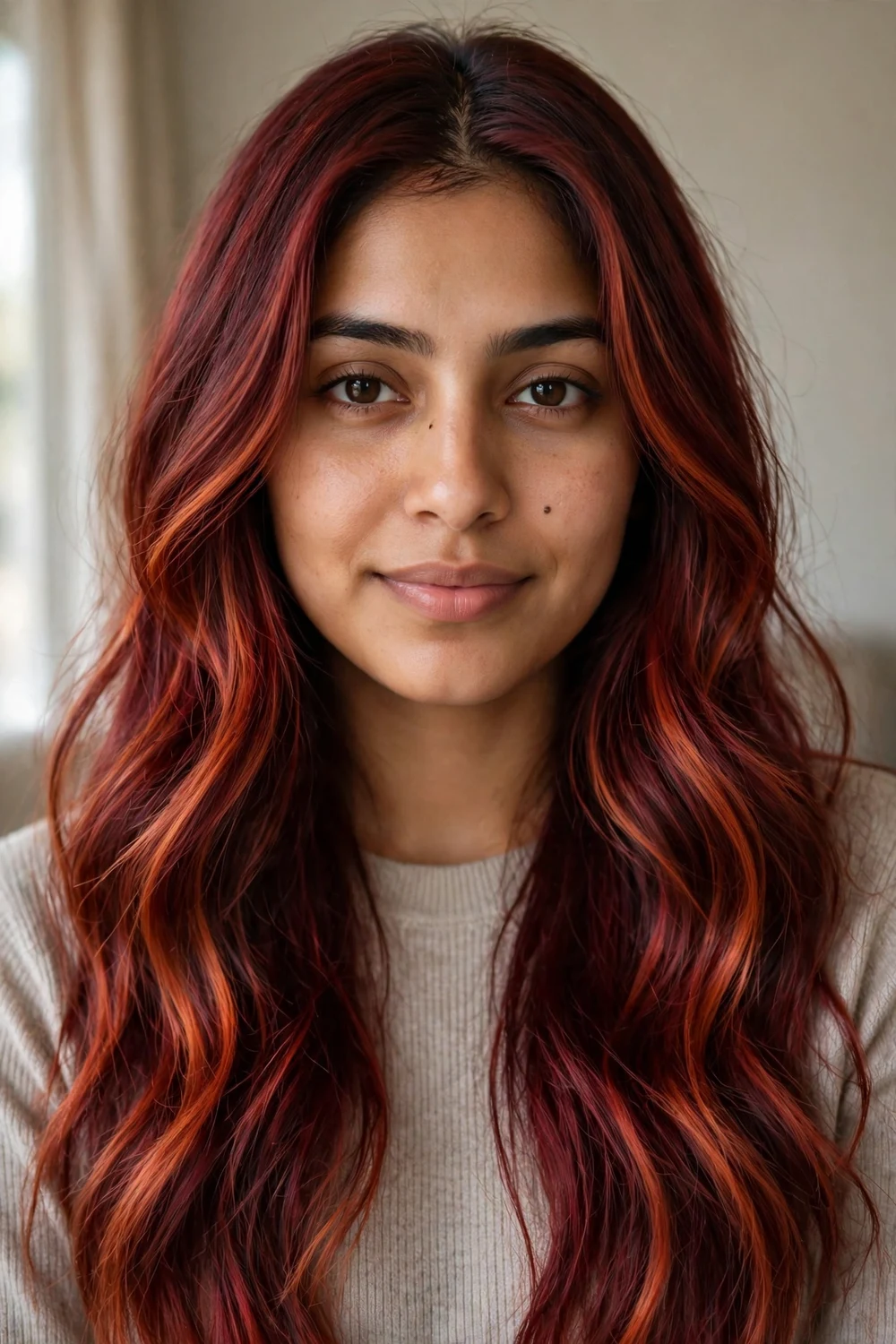 Deep red cowboy copper balayage with bright copper pieces