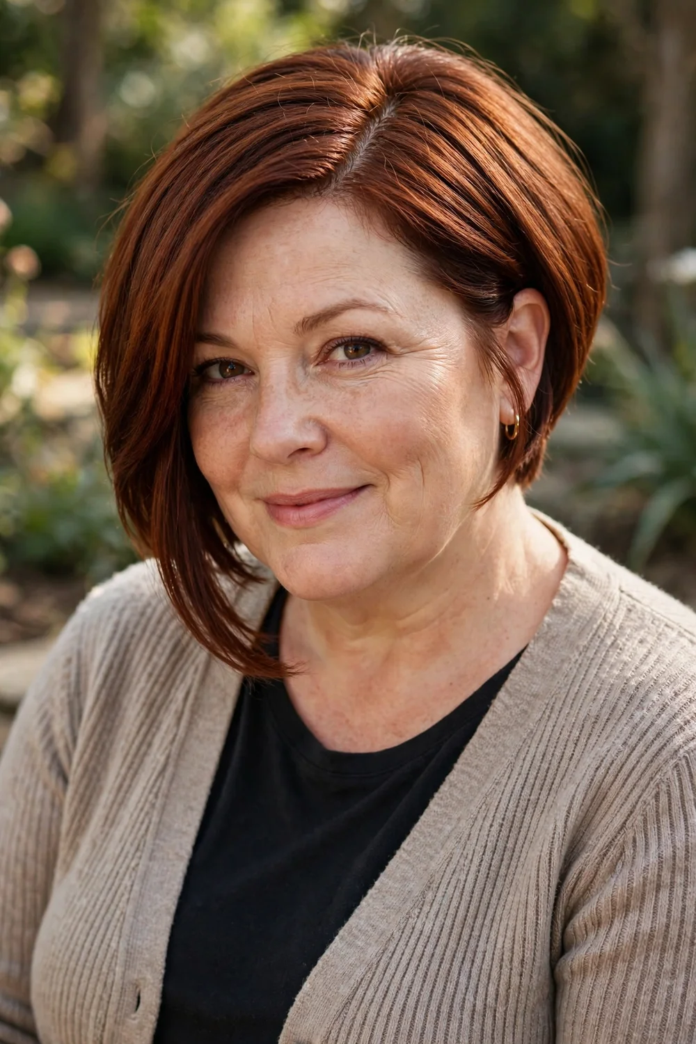Plus-size woman in her late 40s with an angled bob and deep side part, auburn hair