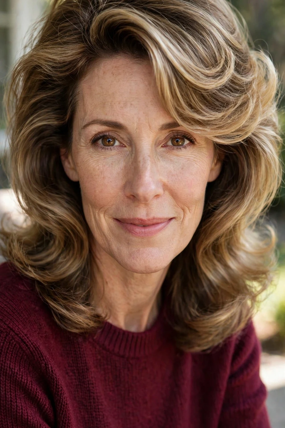 Woman with a long oval face wearing a bouncy blowout with a deep side part and swooping front hair