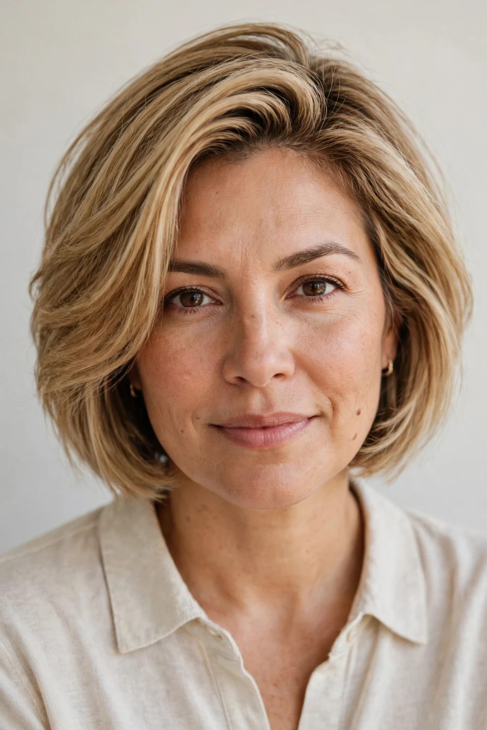 Bob with a dramatic deep side part on a woman with a square face