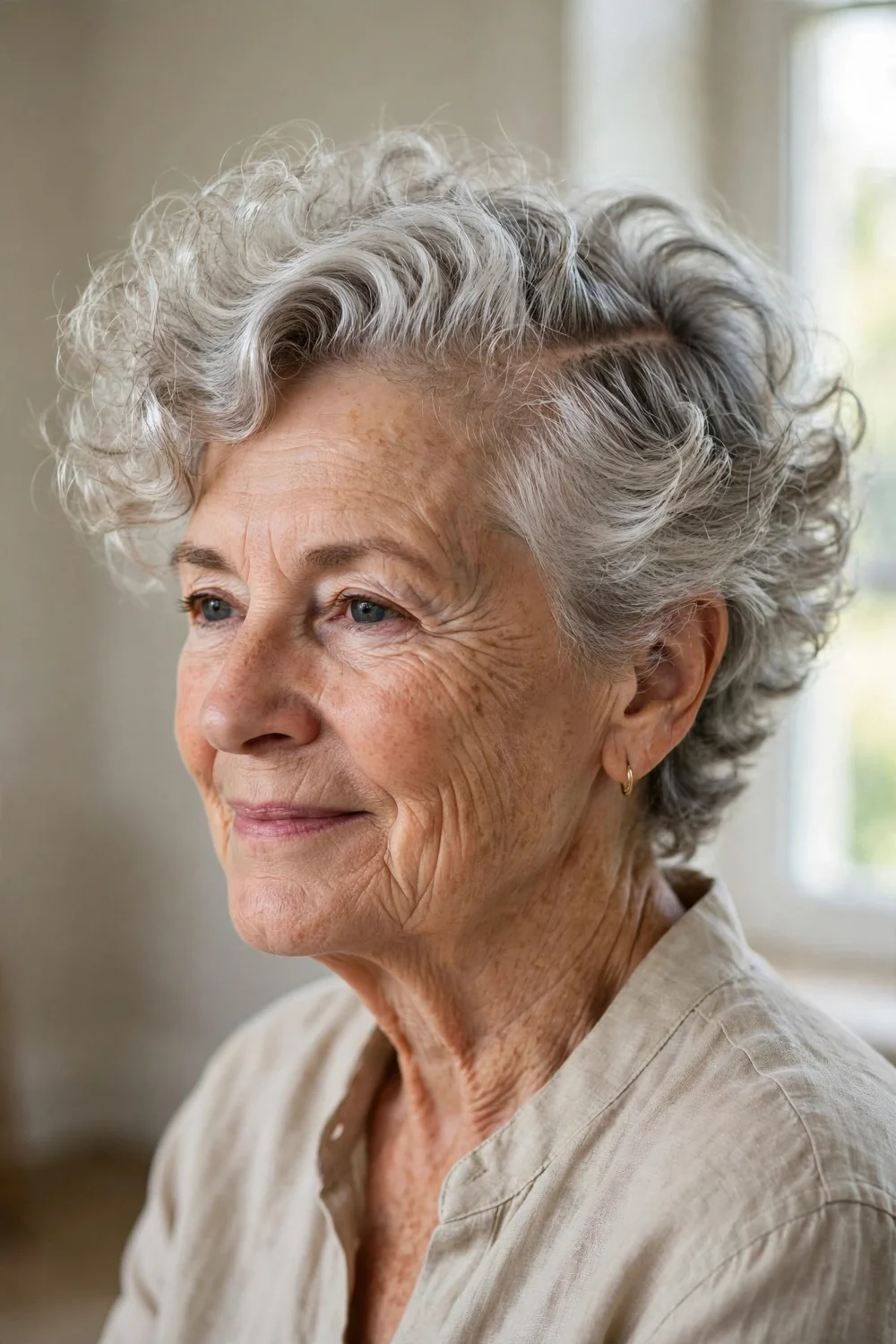 Older woman with curls styled in a deep side part