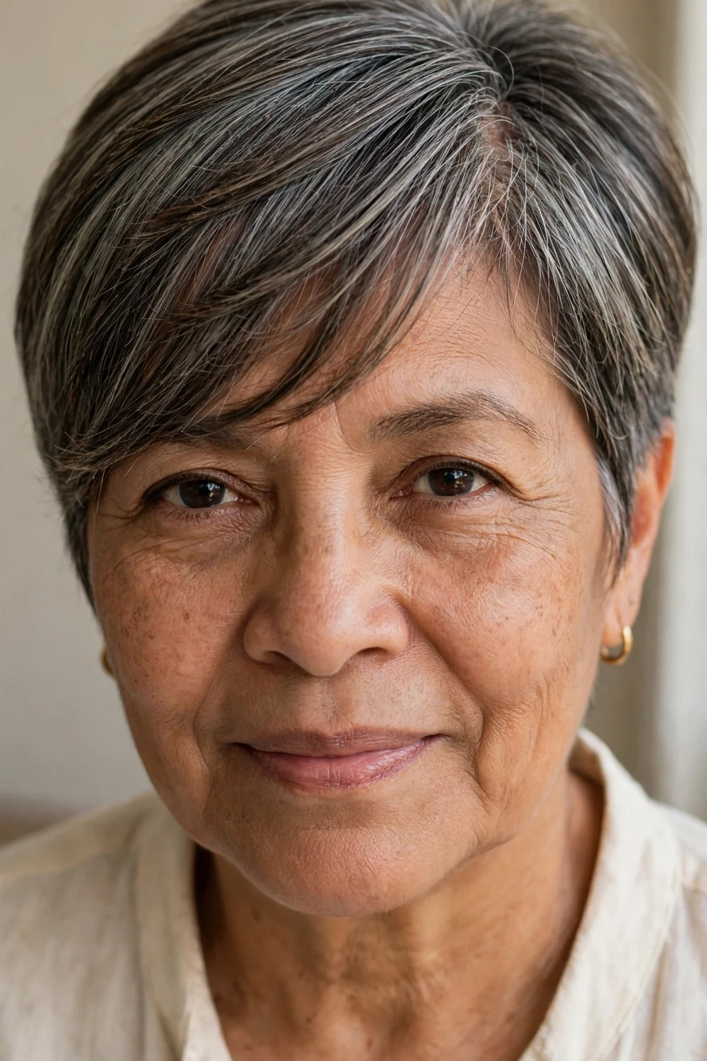 Woman over 50 with a deep side-part layered pixie giving thin hair sweep and volume