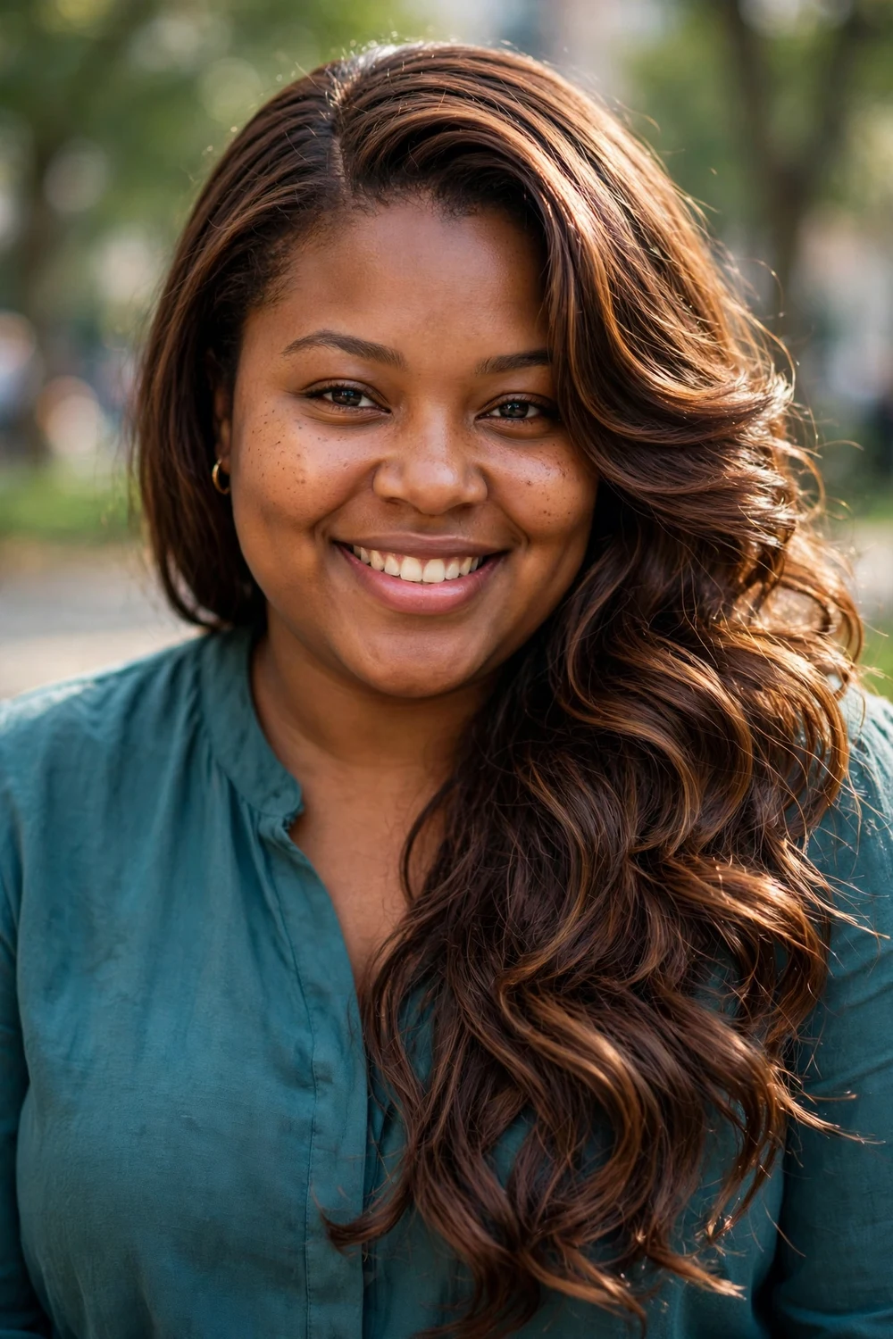 Woman with a round face and long chocolate-brown hair in a deep side part swept to one side