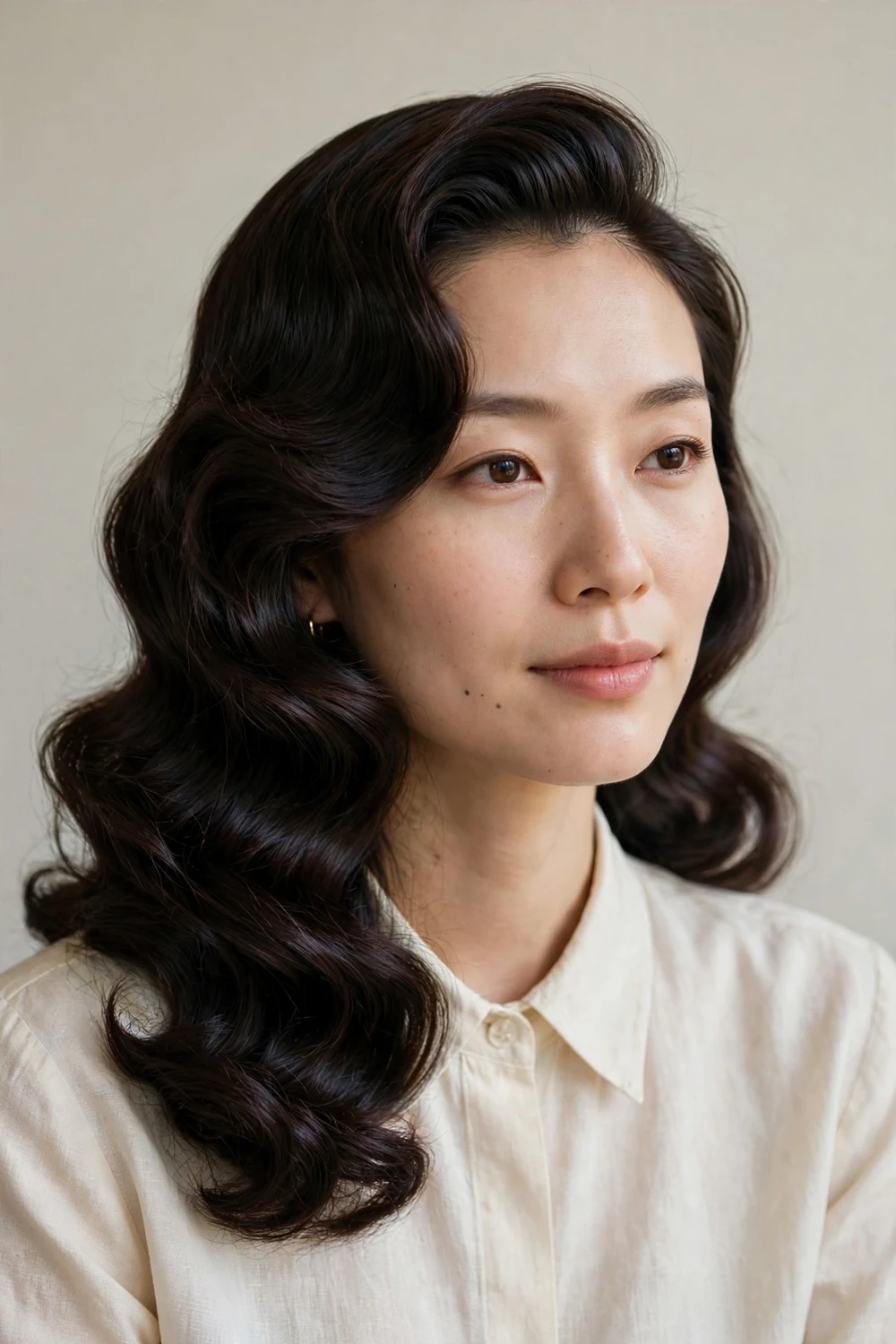 East Asian woman in her late twenties with an oblong face and long glossy retro waves with a deep side part