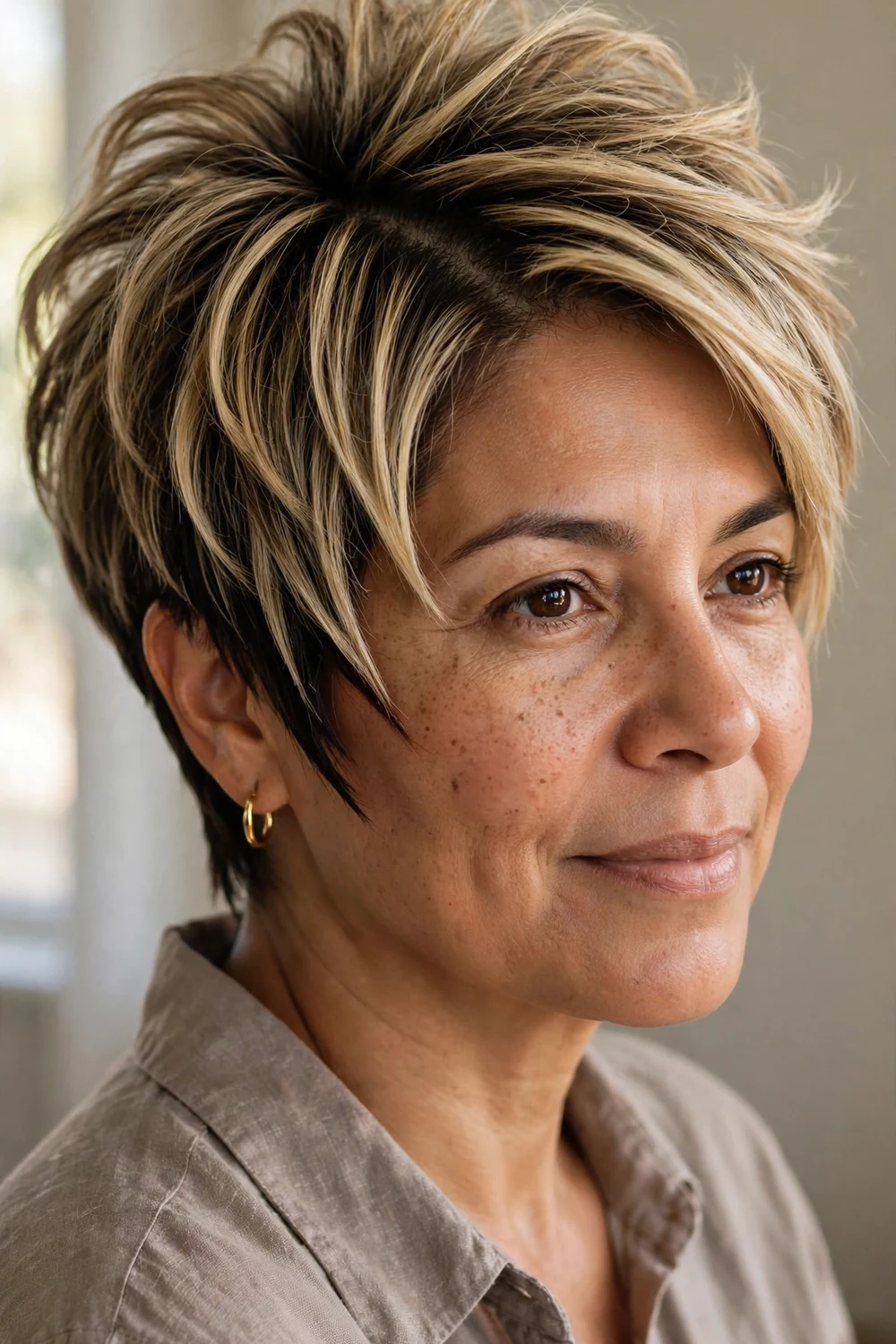 Layered pixie with deep side part and sharp side points