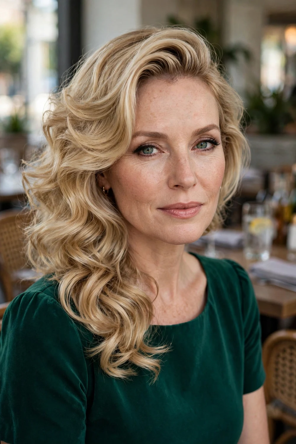 Woman with an oval face wearing shoulder-length blonde curls swept to one side with a deep side part