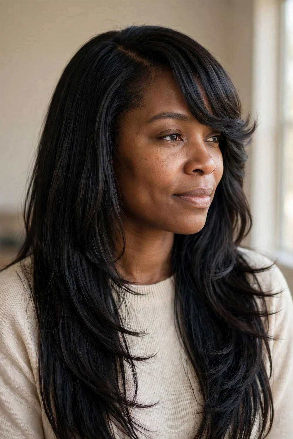 Long layers with a deep side part and swooping curtain bangs on fine hair