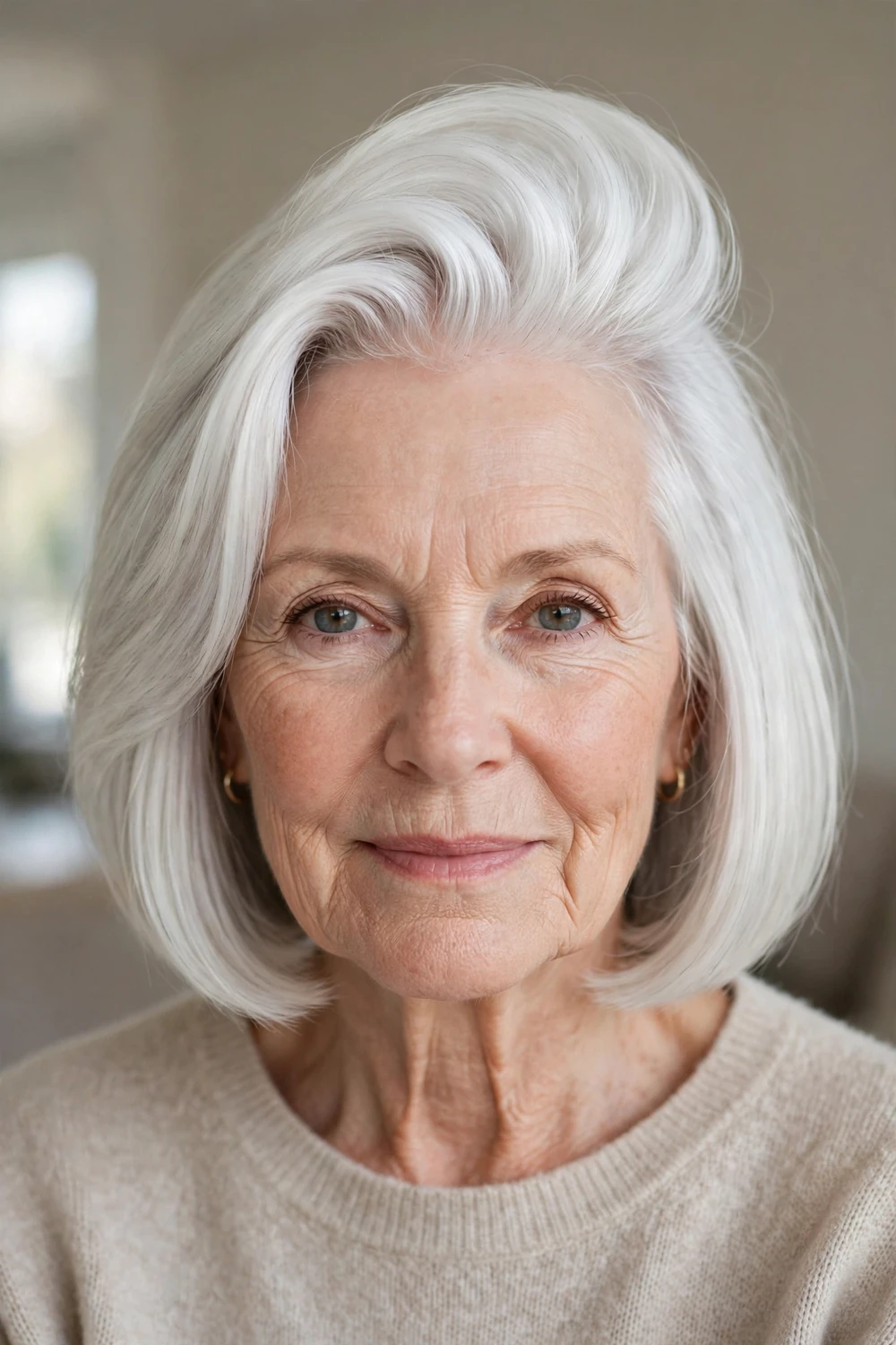 Deep side-parted bob with crown volume on a woman over 60 with white hair
