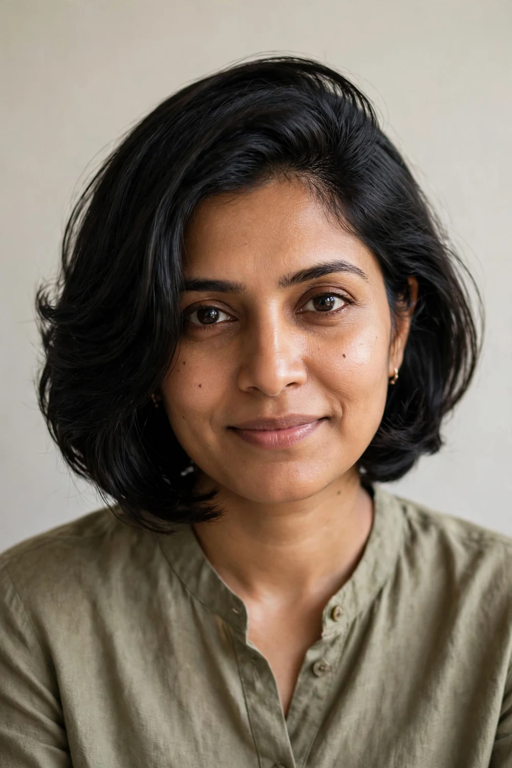 South Asian woman in her thirties with a black bob swept deeply to one side
