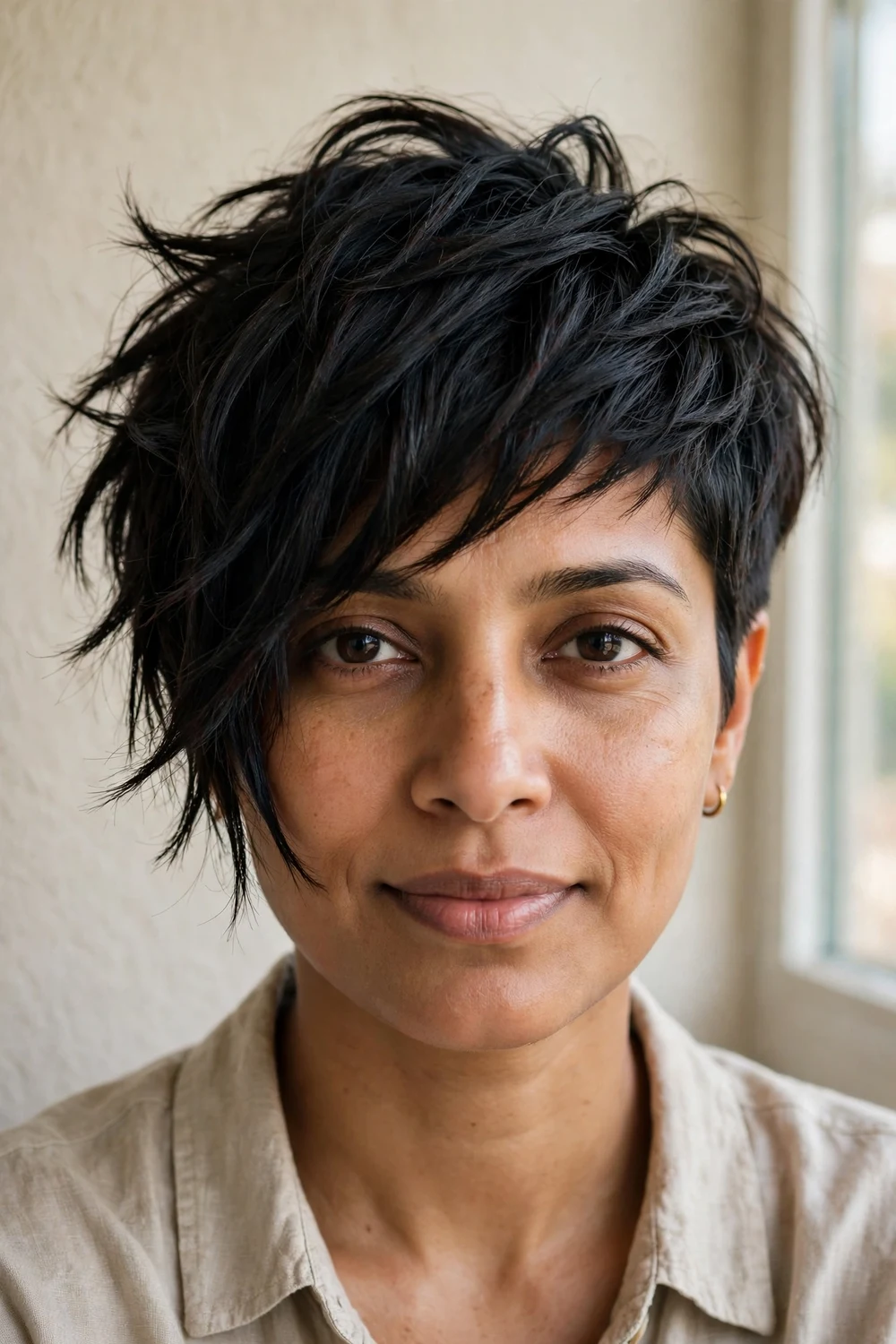 Deep side-swept choppy pixie with all length piled to one side