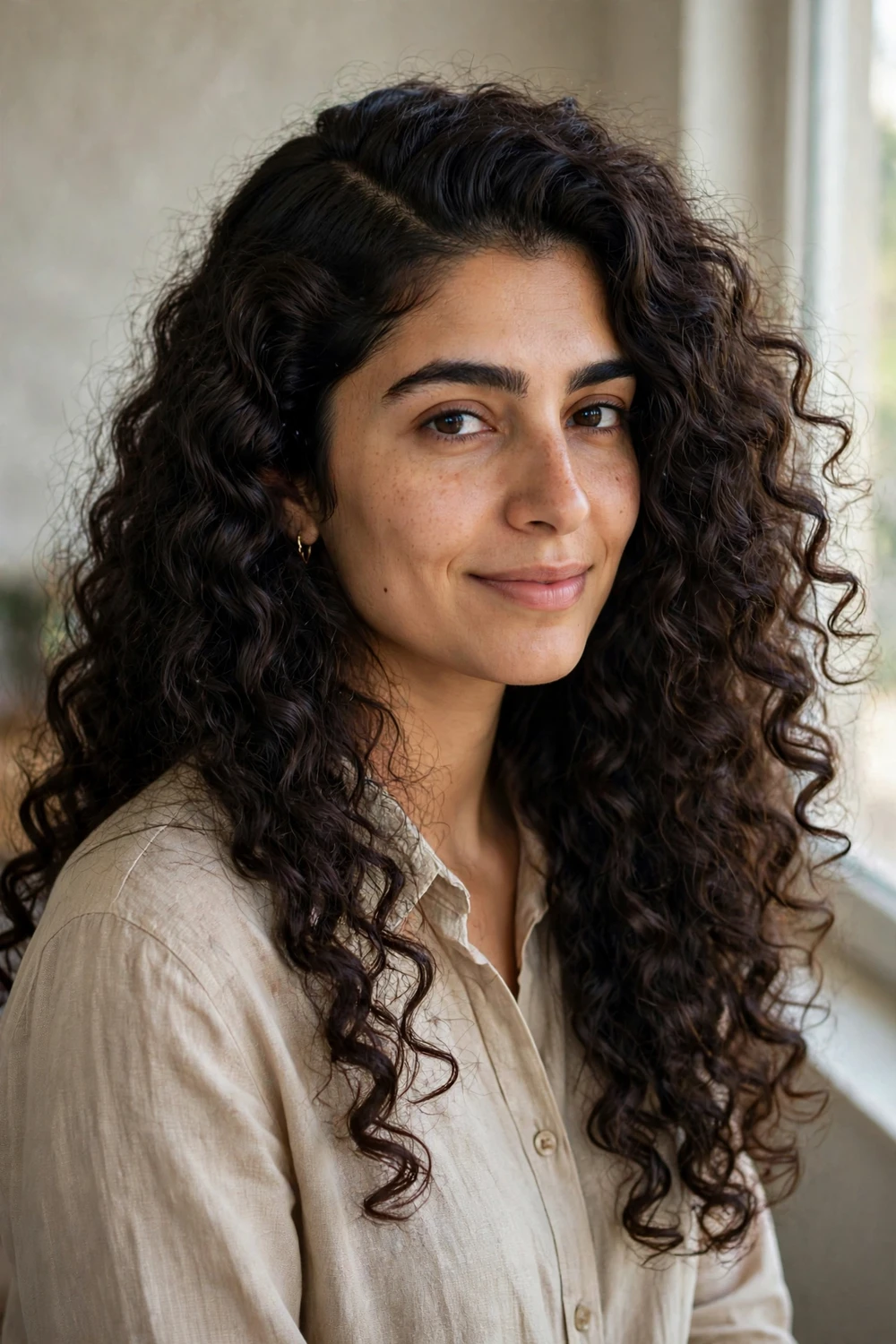 Woman with thick curly hair in defined curls with a deep side part