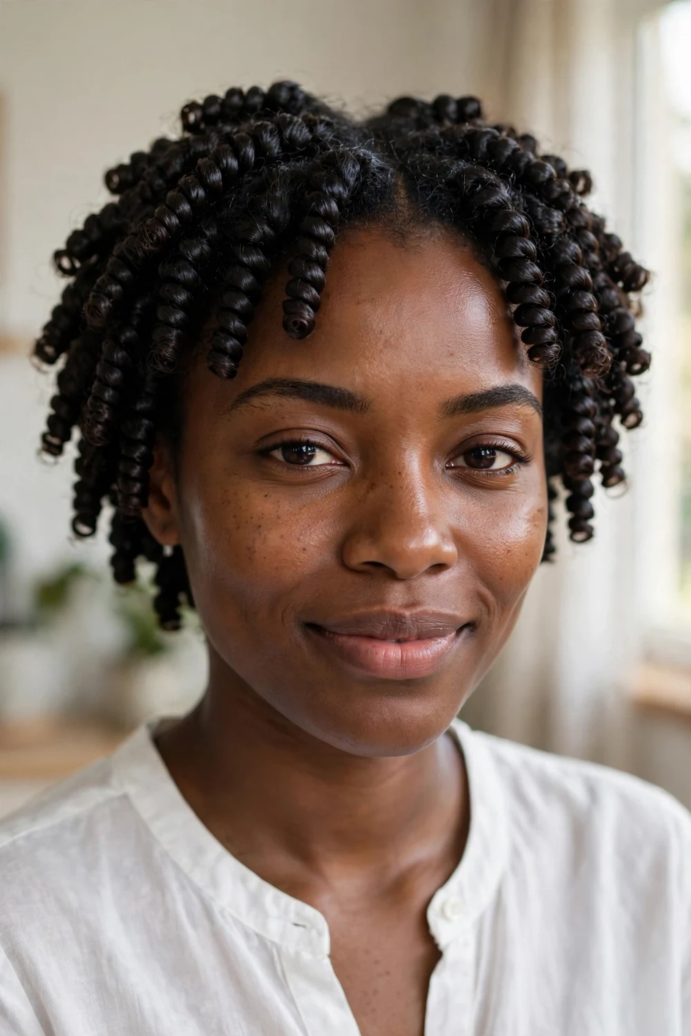 Black woman in her late 20s with glossy defined finger coils covering short hair