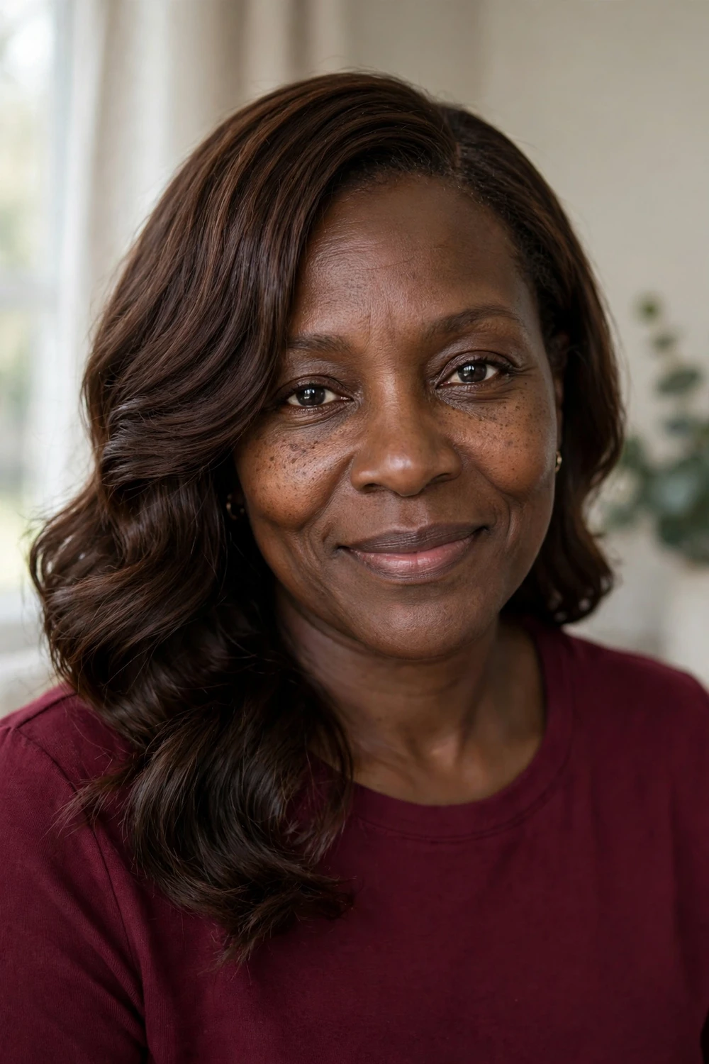 Black woman in her mid 40s with defined chocolate-brown waves and a deep side part