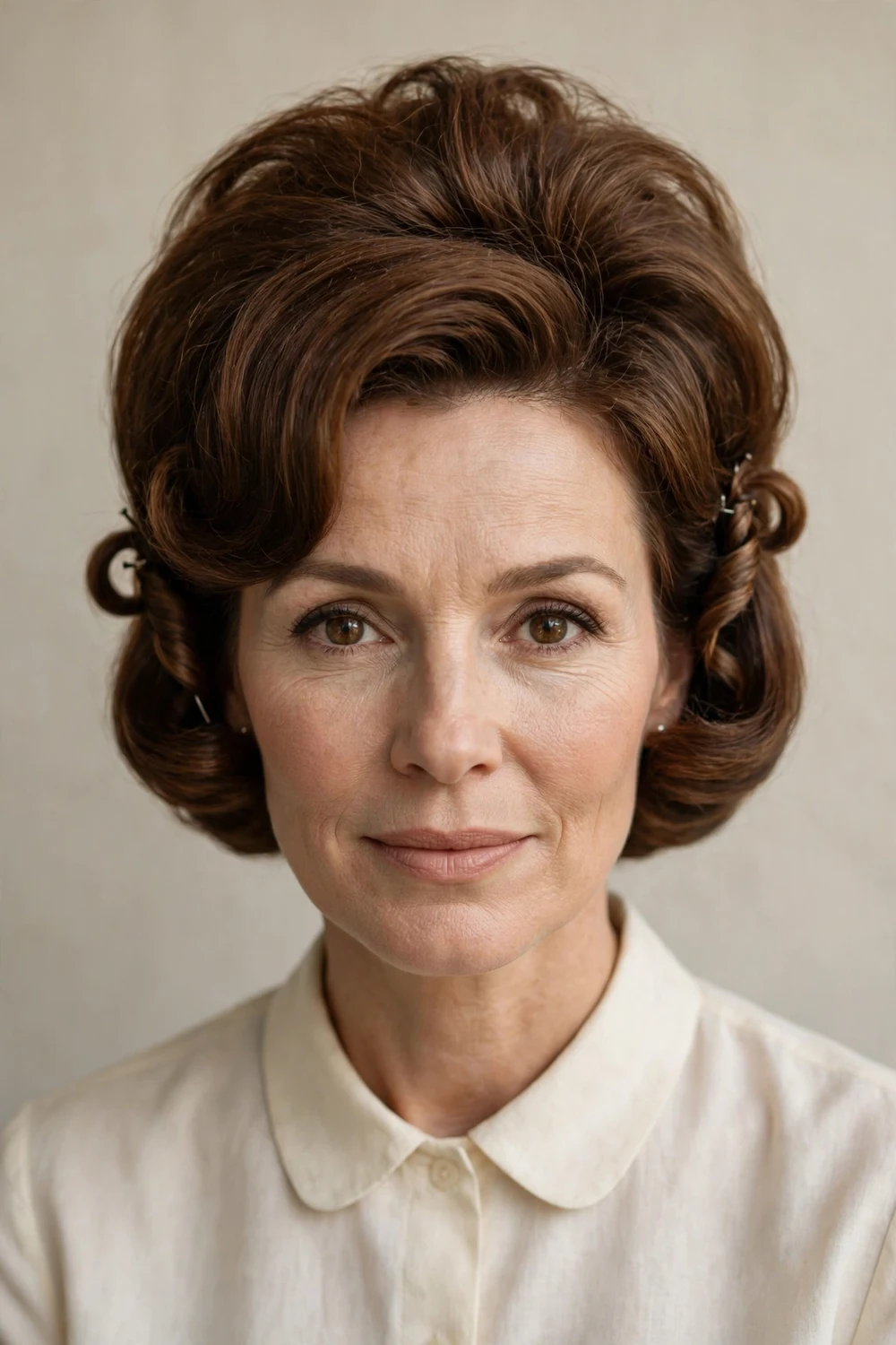 Woman in her late 40s with chestnut brown hair in a vintage-inspired bouffant, voluminous teased crown with delicate twists pinned at the sides