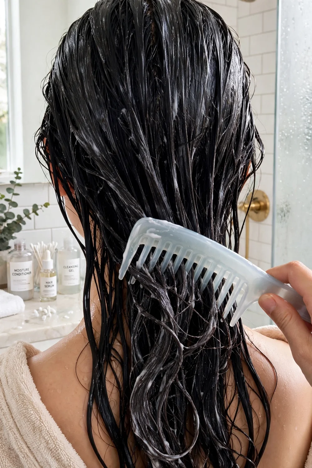 Detangling wet conditioned hair with a wide-tooth comb