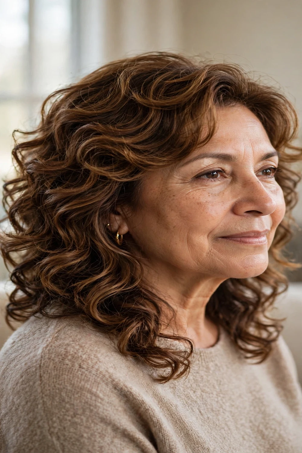 Woman over 50 with Deva cut curly layered hair