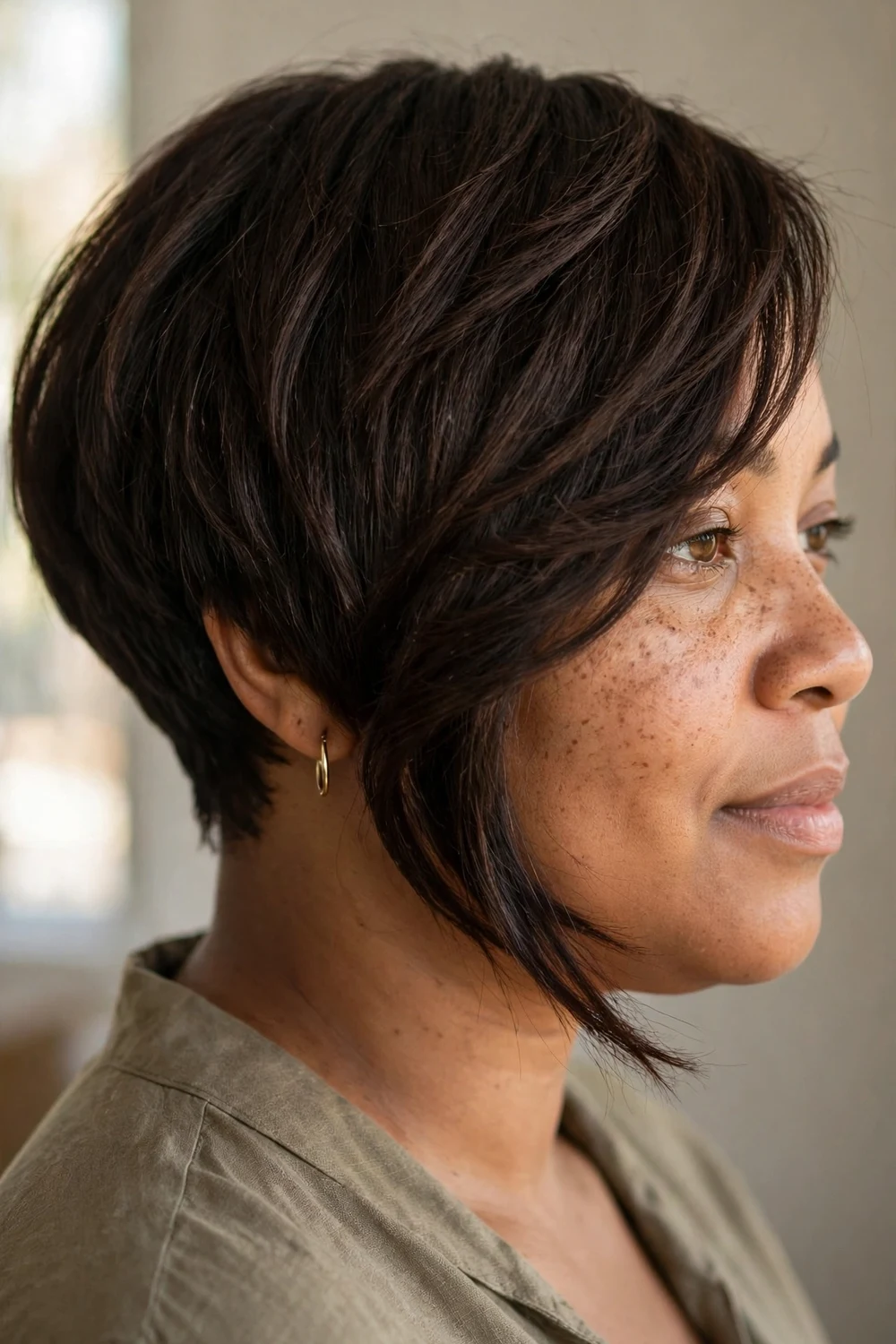 Woman with round face wearing an angled bob with diagonal side bangs