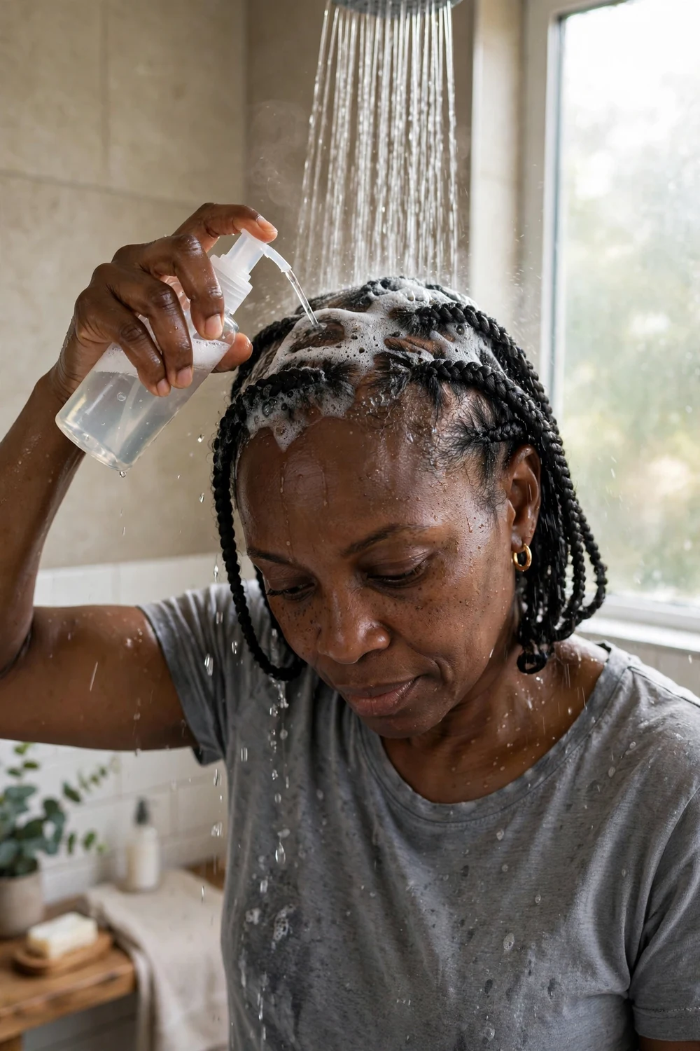 Woman cleansing her braided scalp with diluted shampoo from an applicator bottle