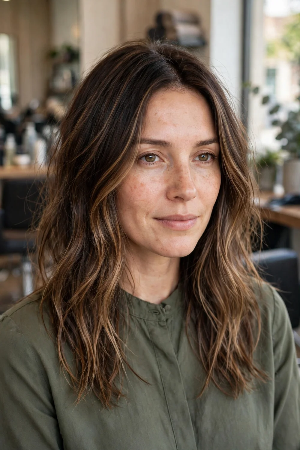 Woman with dimensional balayage highlights adding depth to thin hair