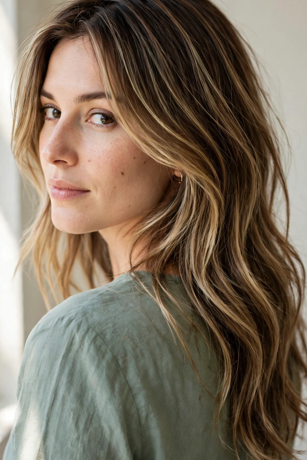 Woman with dimensional blonde balayage, multiple blonde tones creating depth on brown hair