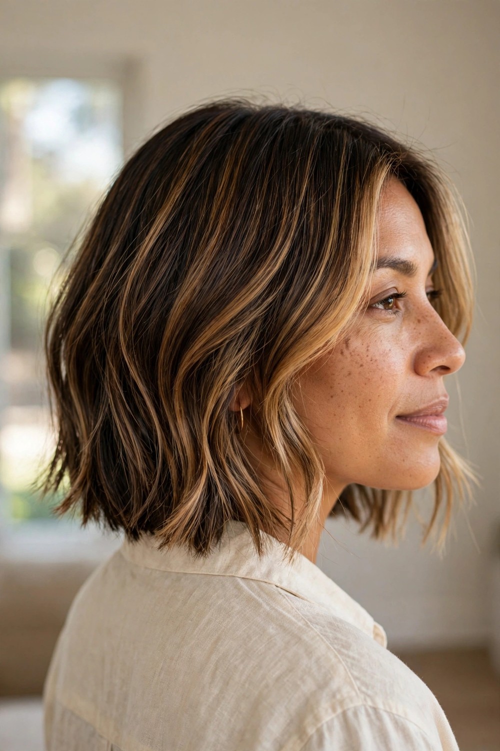Chin-length bob with dimensional balayage on brunette fine hair