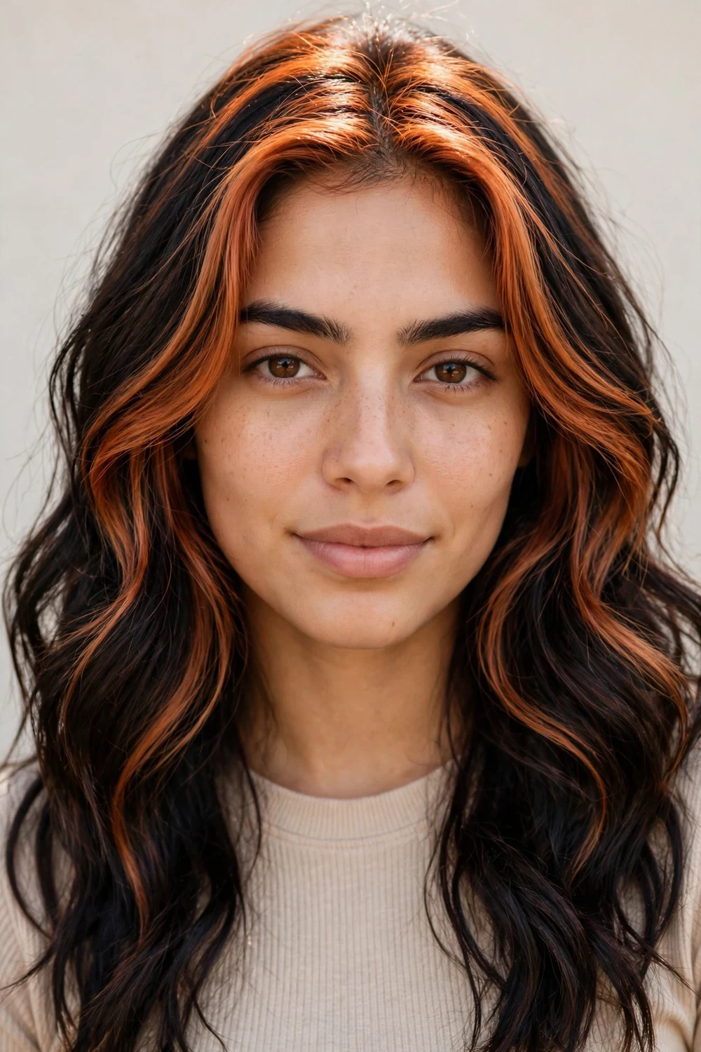Latina woman in her mid twenties with an oblong face and long dark hair with bright copper color around the crown