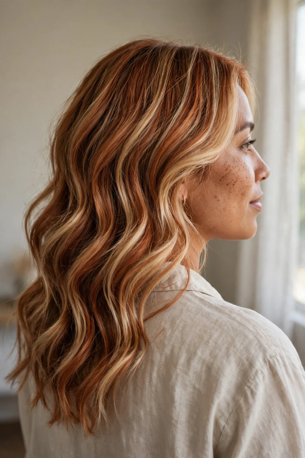 Dimensional wavy medium-length hair blending copper and blonde tones