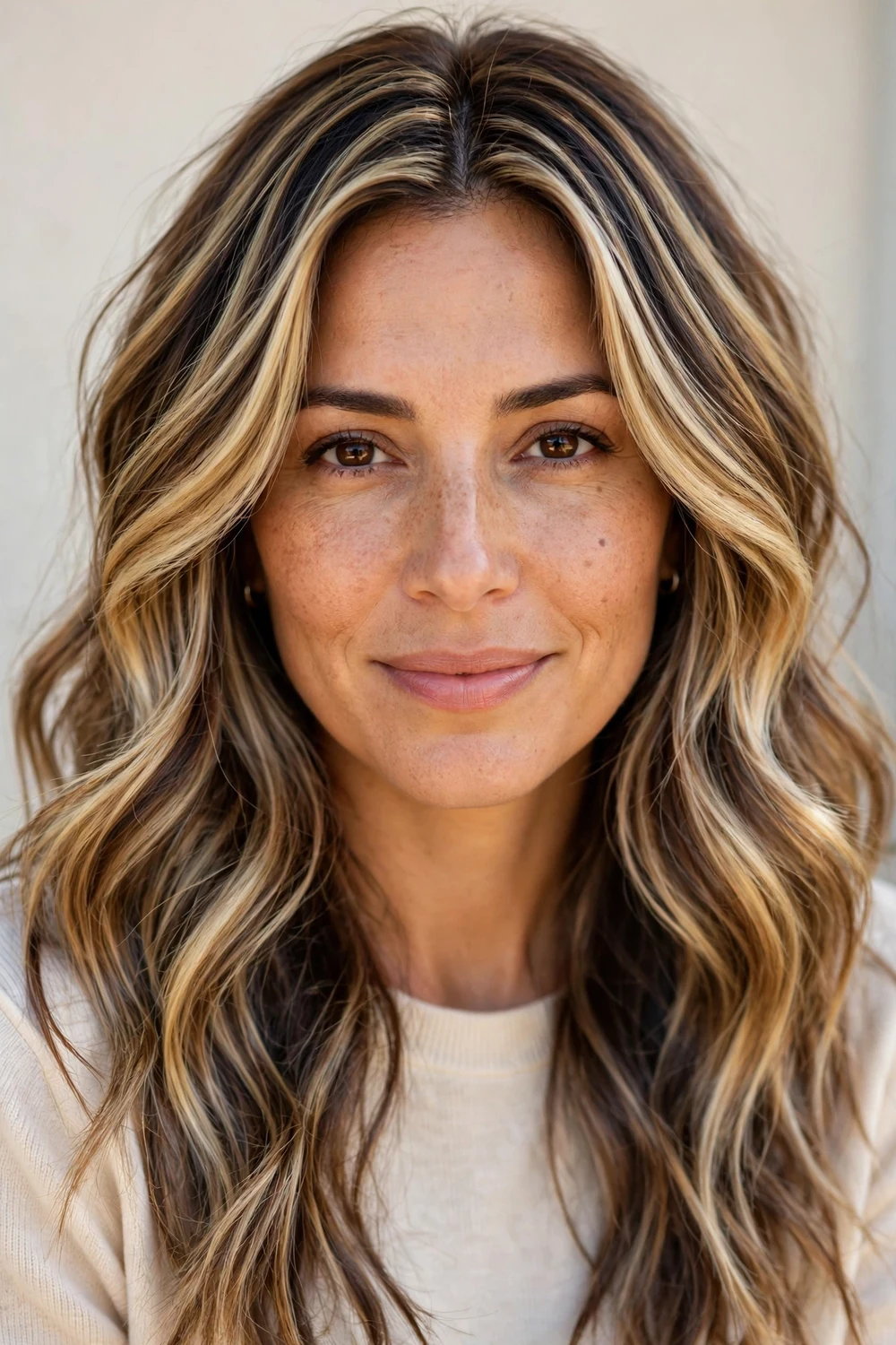 Woman with dimensional full balayage, multi-tonal light and dark ribbons