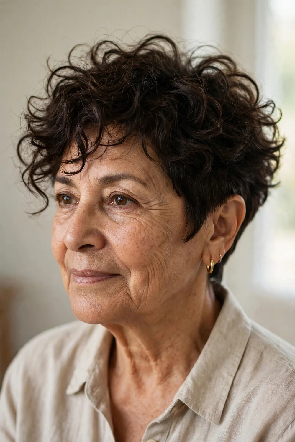 Woman over 60 with a disconnected curly pixie