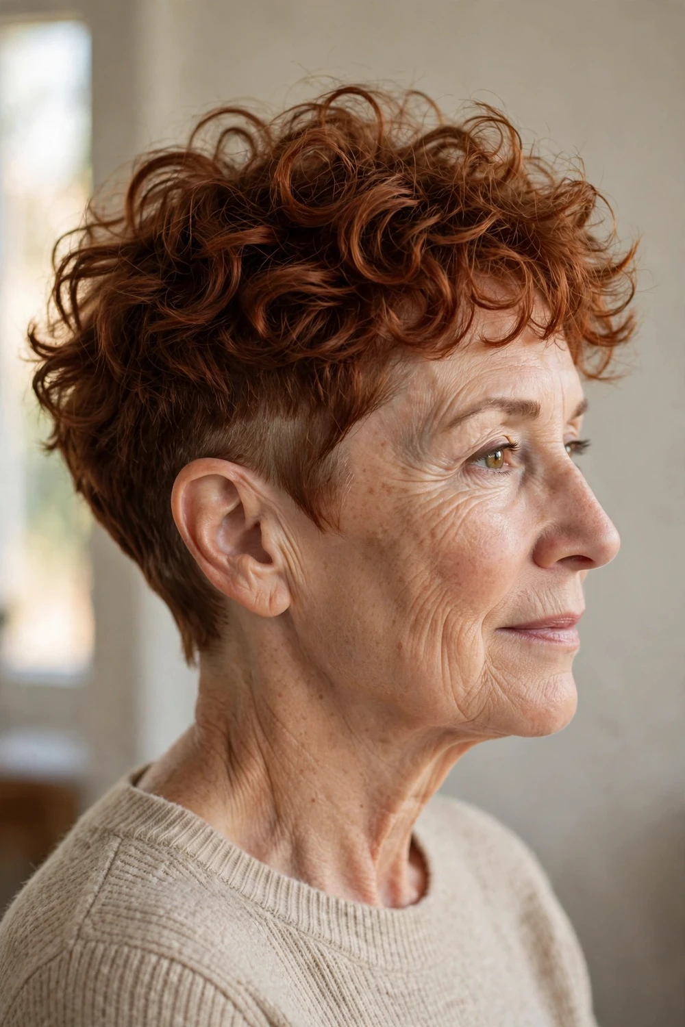 Woman in her 50s with a disconnected curly pixie, short layers mixed with longer curl pieces