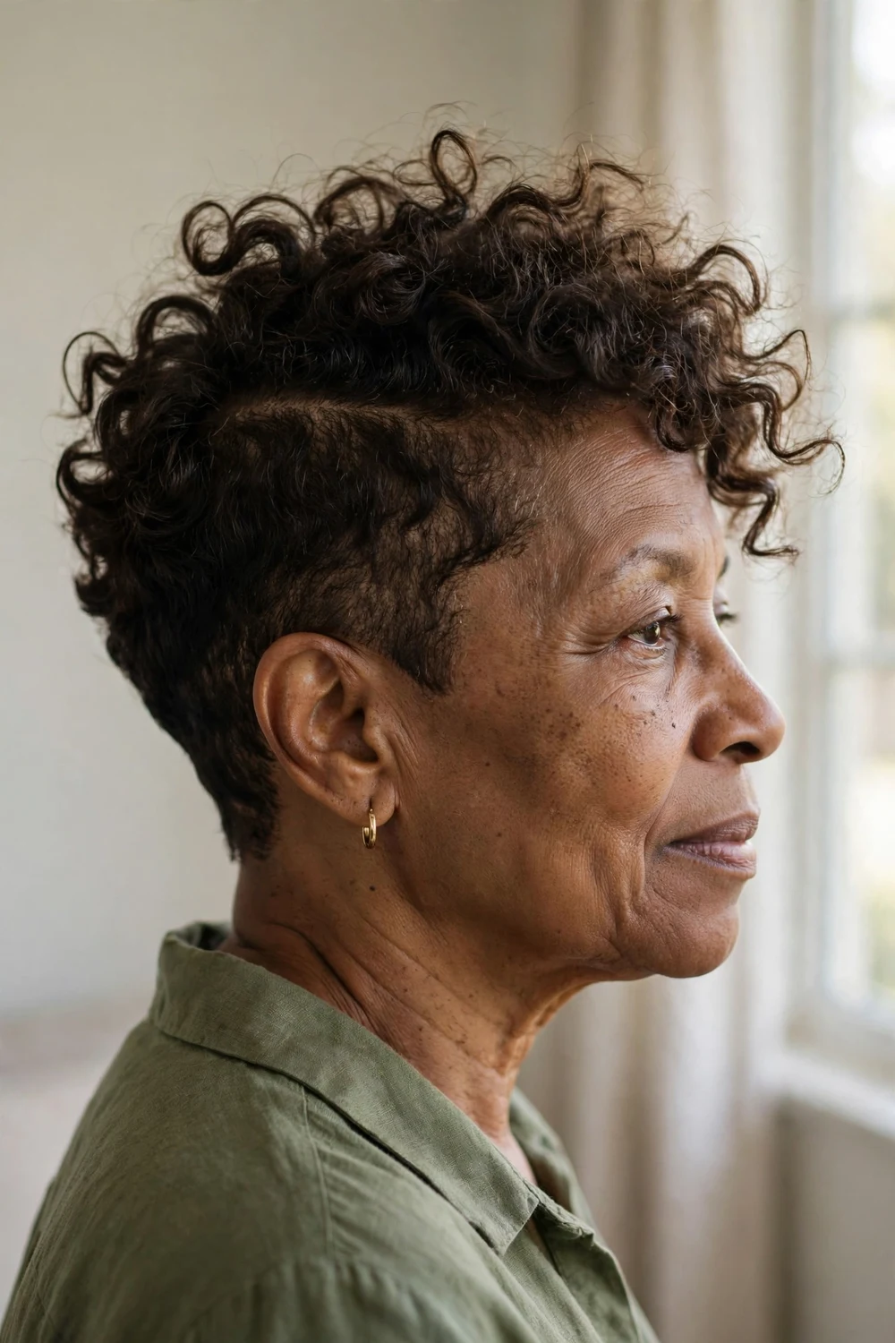 Older woman with a disconnected curly pixie, short layers mixed with longer curl pieces