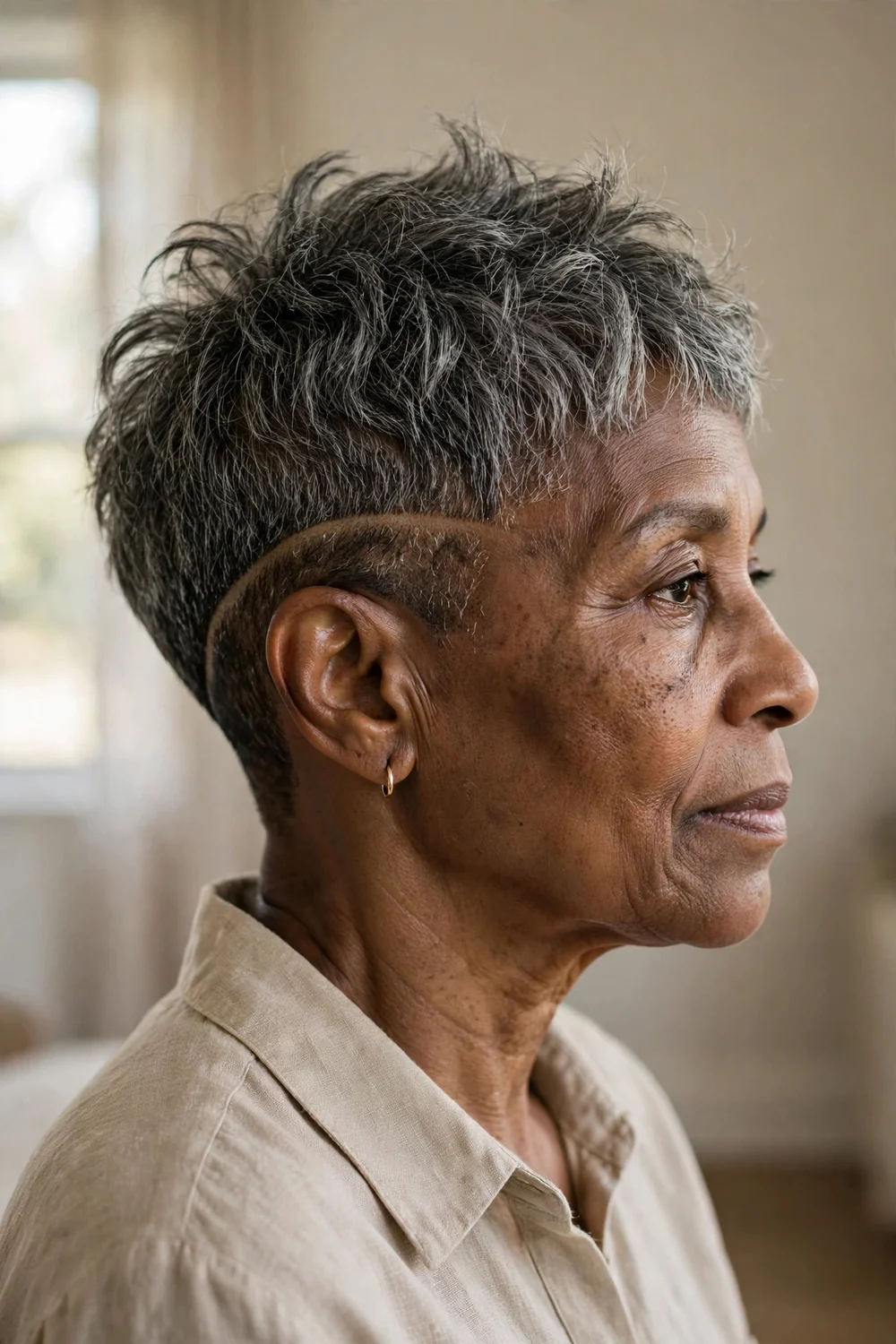 Older Black woman with a disconnected pixie showing a clean line between top and sides